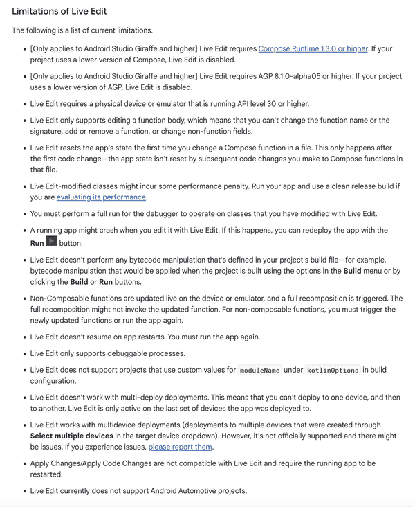 Live Edit Limitations