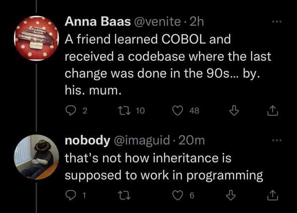 One of the perks of having non technical parents is that I’ll never receive COBOL code as inheritance